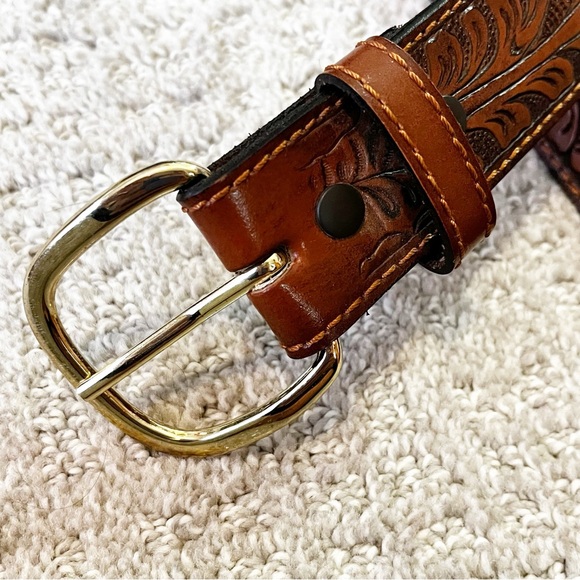 Mens Brown Western Belt Cowboy Full Grain Leather Hand Tooled Sz 3X / 48 Rodeo - Picture 2 of 9